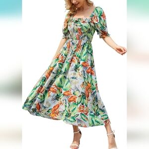 Nwt OSTOO Square Neck, Long, Floral Print. Puff Sleeve,  A-Line Dress